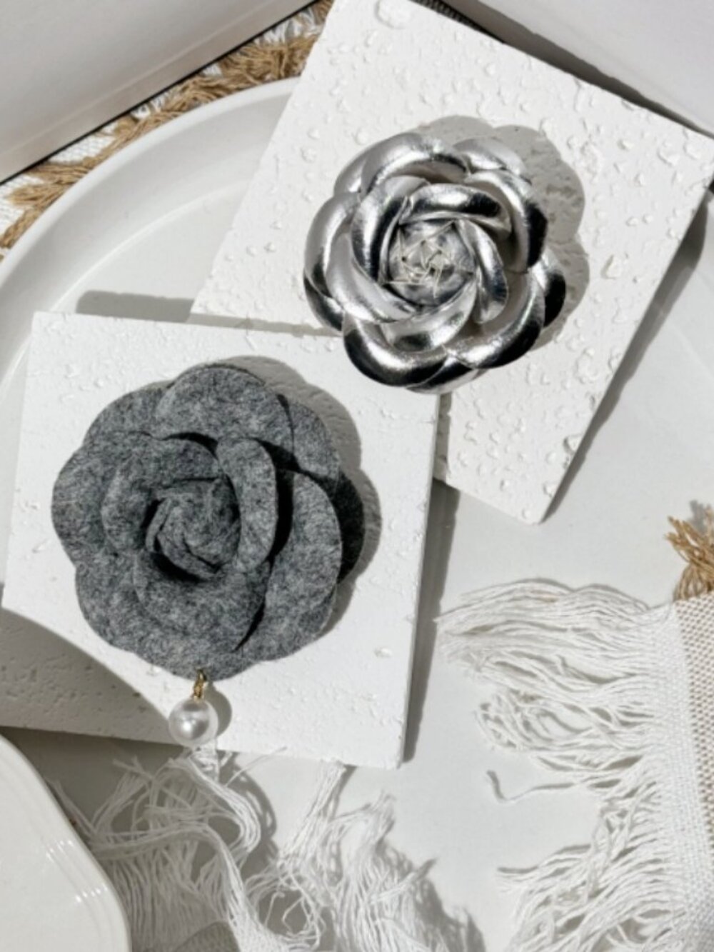 Grey Camellia Pearl Drop Brooch